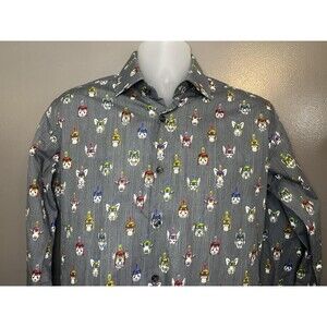 Jared Lang Shirt Mens Medium Gray Novelty Dog Print Button Front Cotton Casual